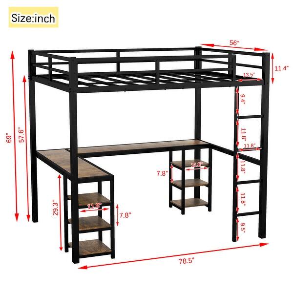 Black Full Size Metal Loft Bed with Desk and Shelves, Ladder and Guardrails, Vintage wood-colored desk