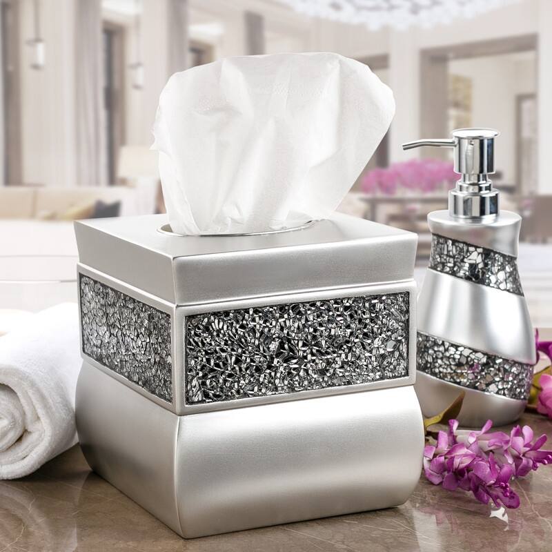 Creative Scents Crackled Glass Silver Bathroom Accessories Set of 6 - 6 Piece