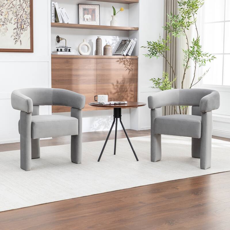 SEYNAR Modern Velvet Accent Chair Set of 2, Upholstered Barrel Armchair with Curved Back and Thickened Padded Seat - Grey