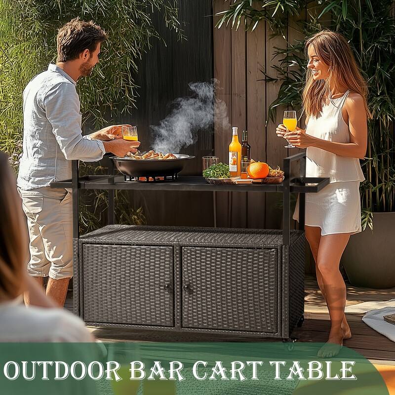 51*20*35.5inch Outdoor Bar Cart Table, Large Wicker Island Rolling Cart, Wheeled Buffet Serving Cart, Black