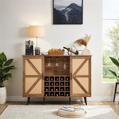 Faux Rattan Barn Door Wine Cabinet with Wine Rack and Wine Glass Rack
