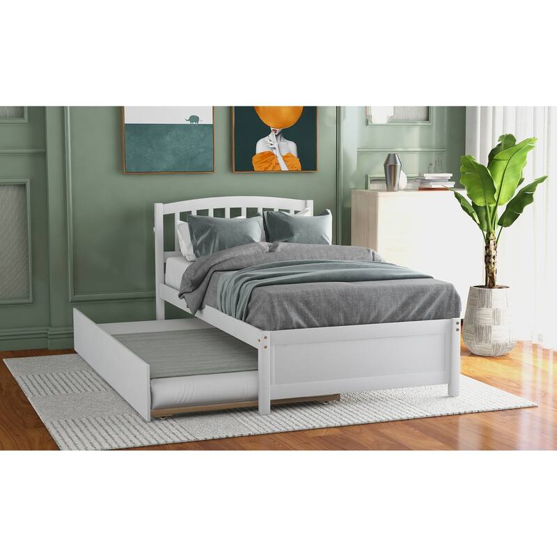 White Twin Size Wood Platform Bed Frame with Trundle, Minimalist Design, Solid Pine Construction