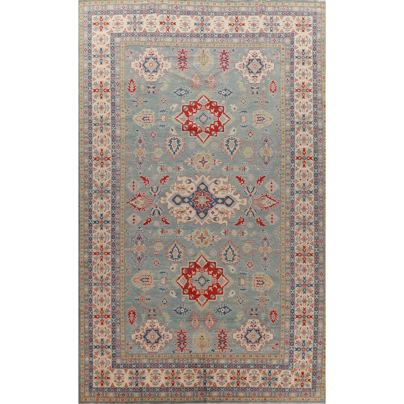 Hand Knotted Oriental 100% Wool Carpet Traditional Geometric Navy Blue & Blues Kazak Area Rug - 16' 6'' X 9' 7''