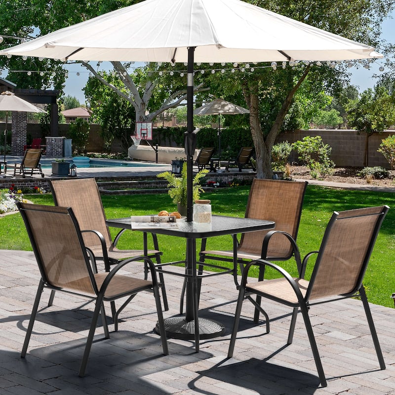 5-Piece Outdoor Dining Set, Textilene Stackable Chairs and Umbrella Hole - Brown&Black