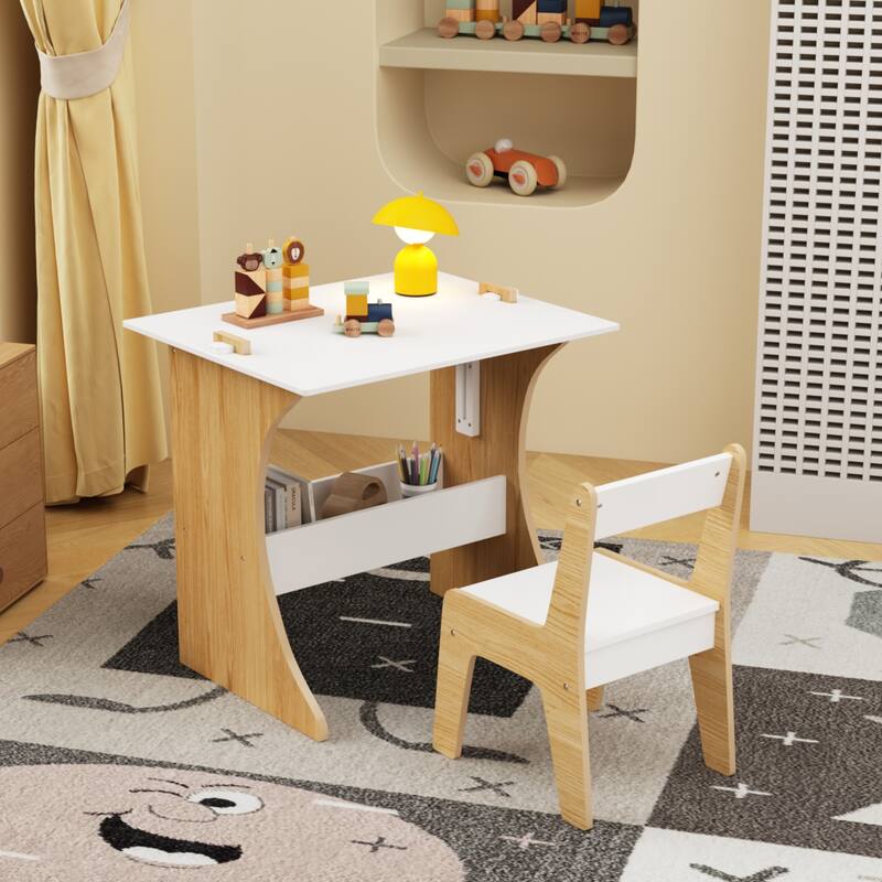 Kids Table Set with One Chair, Multifunctional Wooden Children Study Table