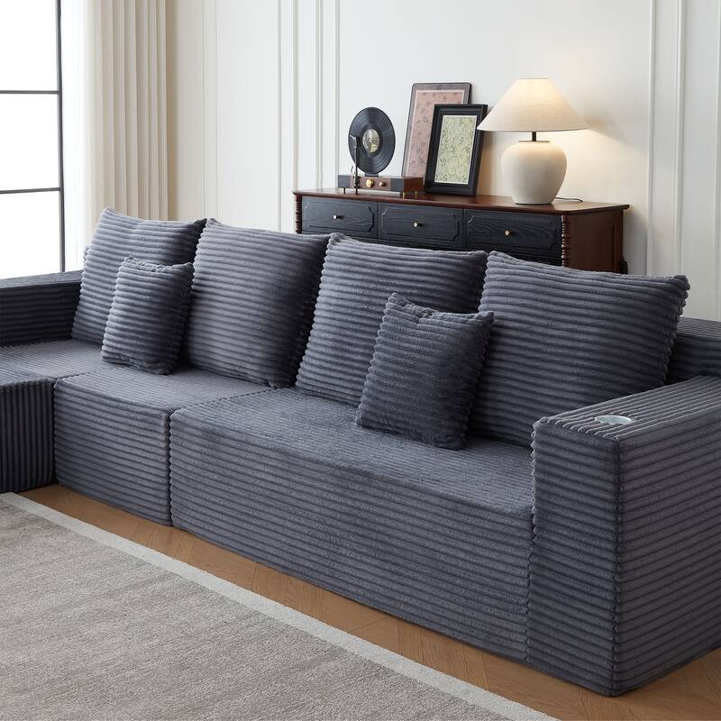 Modular Sectional Cloud Couch, Oversized Corduroy Fabric Deep Seat Sofa, Upholstered Sofa with Armrests & Cup Holders - Grey