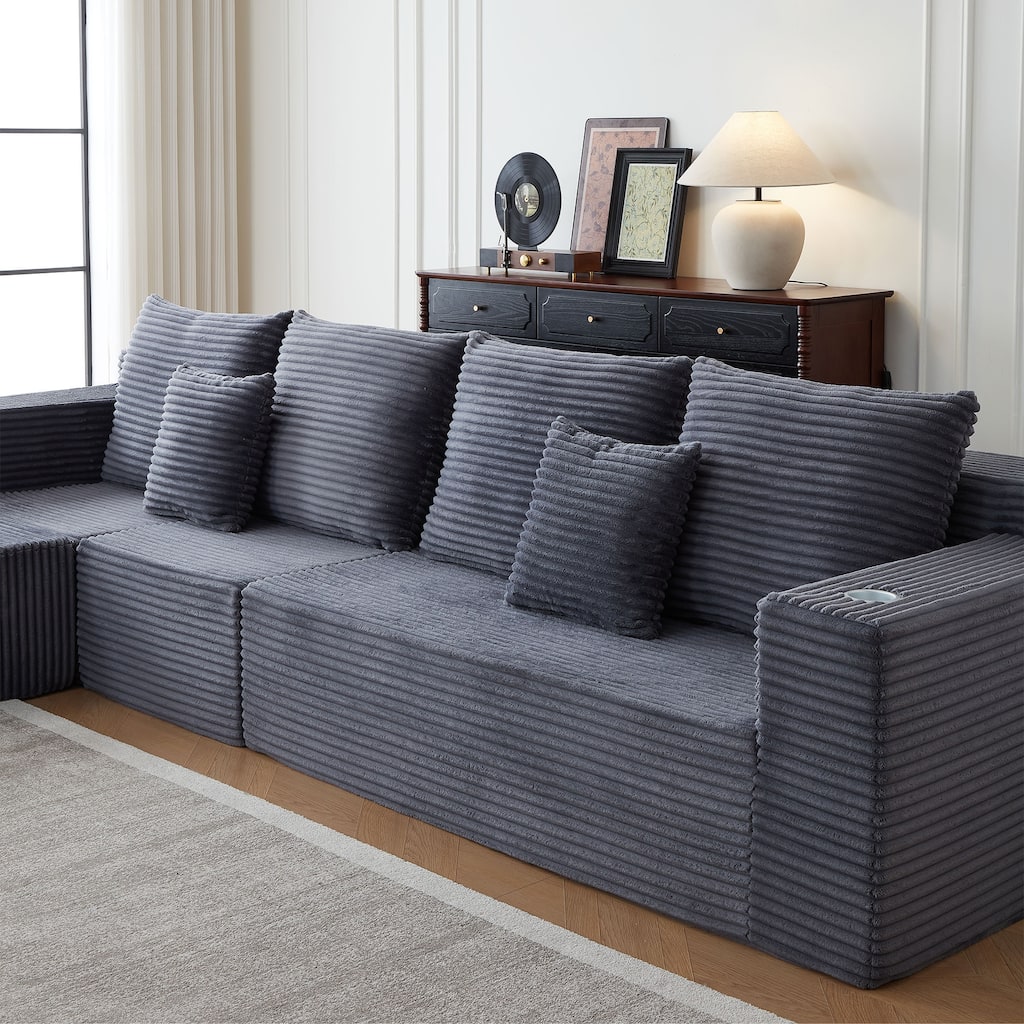 Modular Sectional Cloud Couch, Oversized Corduroy Fabric Deep Seat Sofa, Upholstered Sofa with Armrests & Cup Holders