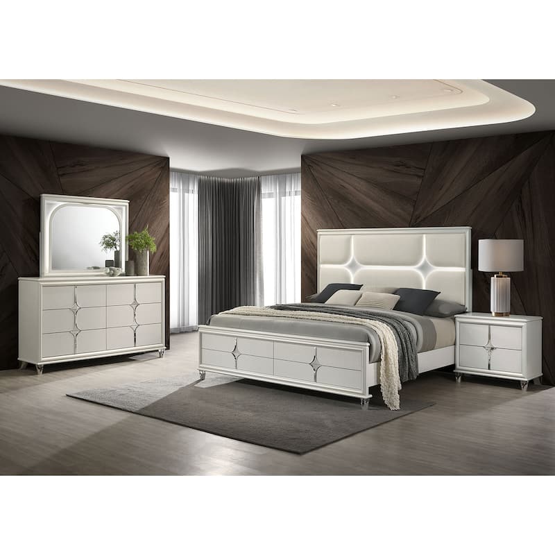 Upholstered Eastern King Bedroom Set with Acrylic Legs in Pearl White