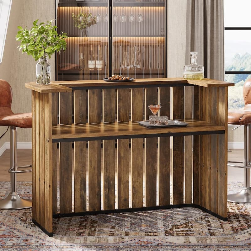 62.99 Brown MDF Wine Bar Table with Storage Shelves, Farmhouse Home Bar Unit