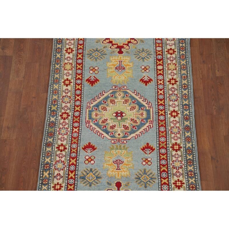 Light Blue Kazak Runner Rug Handmade Traditional Wool Carpet - 2'9" x 9'9"