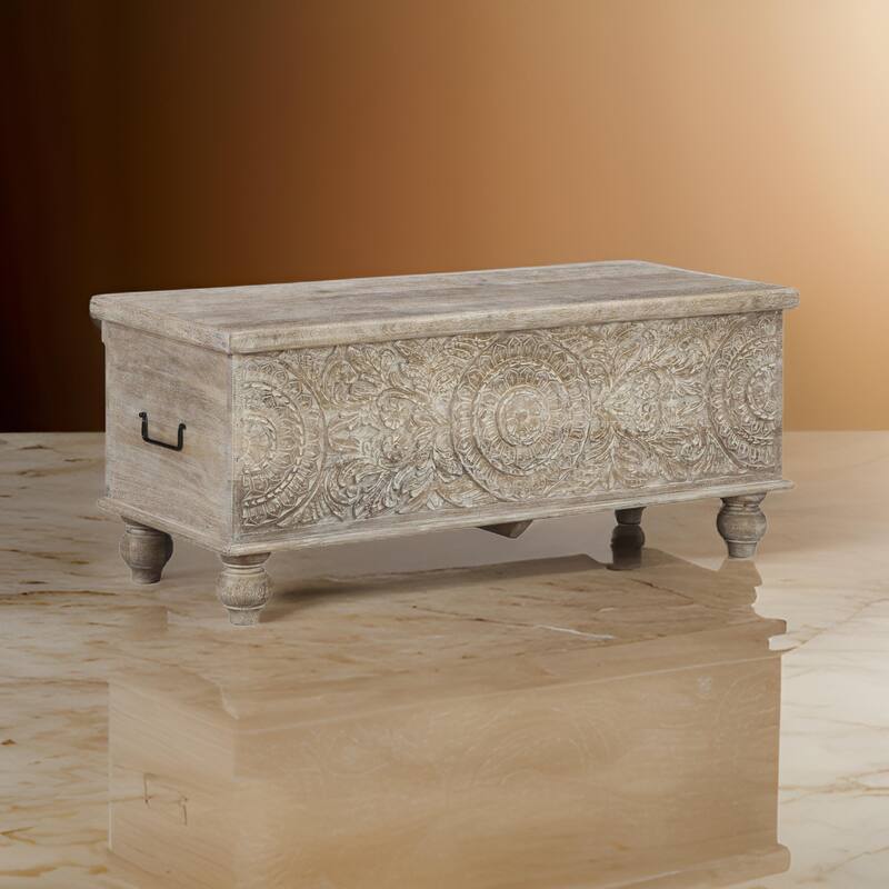 Medallion Pattern Wooden Storage Bench, Hinged Opening, Antique White, Black