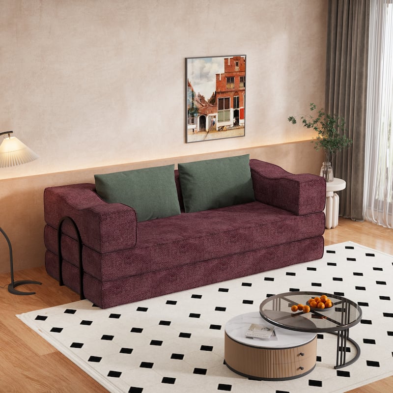 80" Convertible Sofa Bed with 2 Pillows, 2-Seat Folding Floor Couch, Multifunctional Chenille Loveseat Living Room Sleeper Sofa - Burgundy