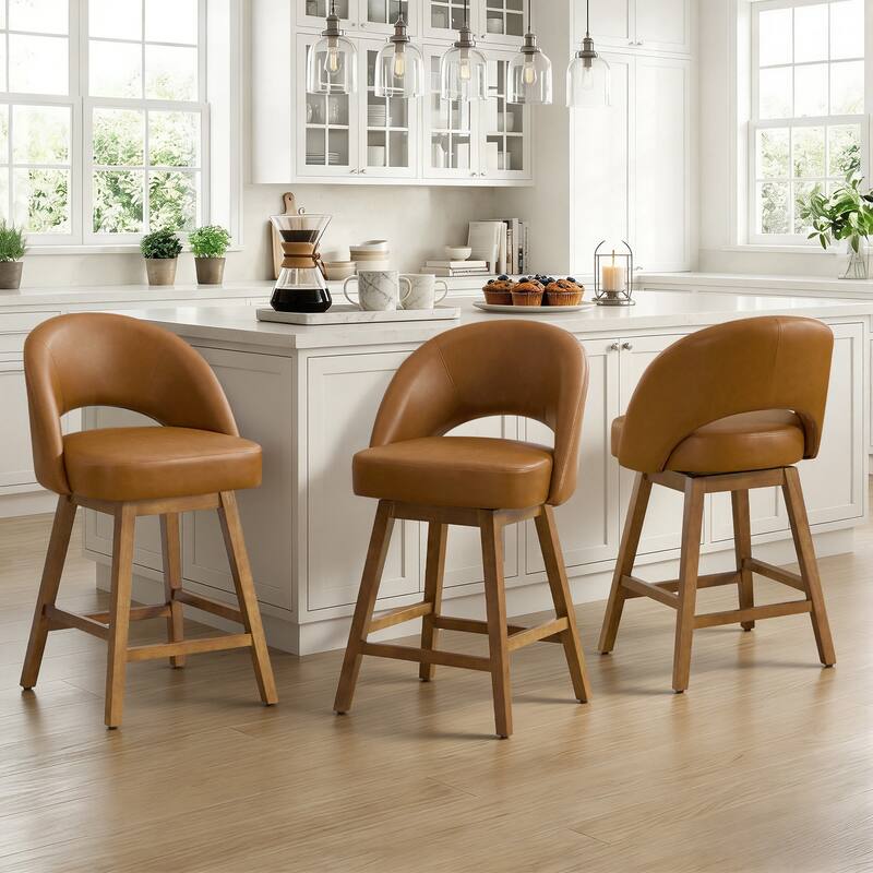 Upholstered Swivel Counter Height Bar Stools with Cutout Back and Solid Wood Frame - 38.2"H x 22.1"W x 23.6"D