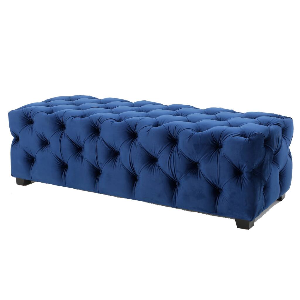 Puro Ottoman Bench, 51 Inch, Button Tufted, Plush Navy Blue Velvet