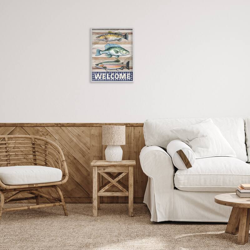Stupell Welcome with Rustic Fish Framed Giclee Art Design By Nicole DeCamp