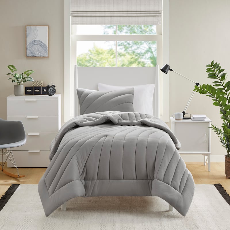 2 PCS Twin/Twin XL Poly Jersey Puffy Comforter Set Gray