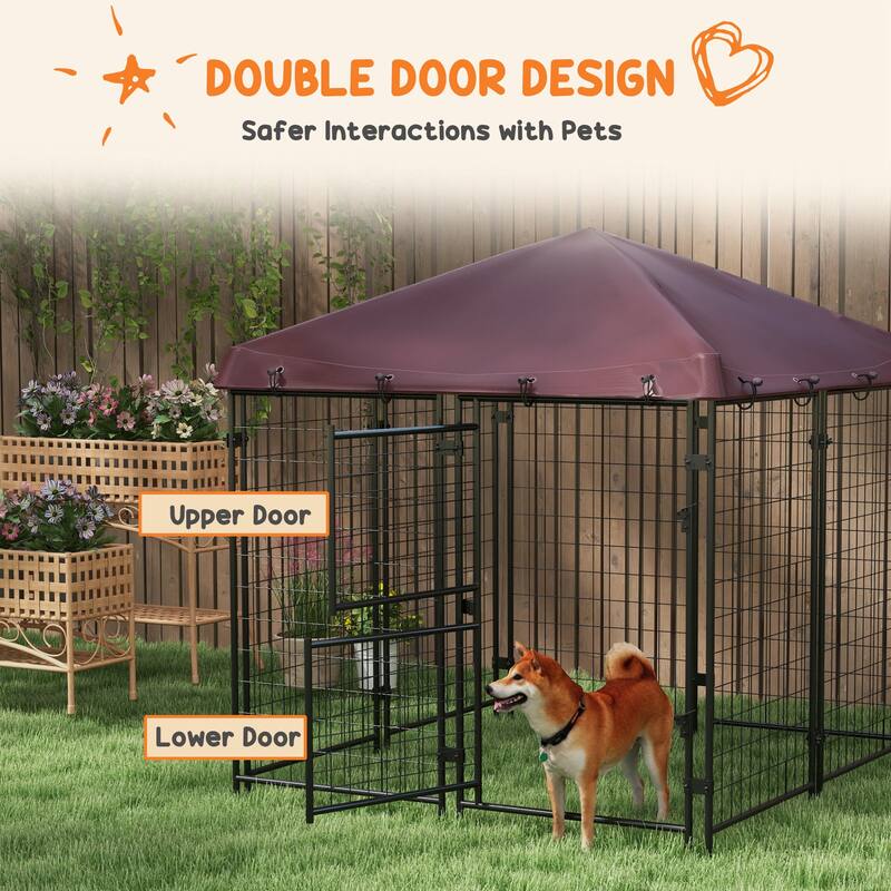 Metal Dog Kennel for Outdoor Use, 4.6' x 5' Dog Playpen with Shade & Two-Part Door for Small Pets