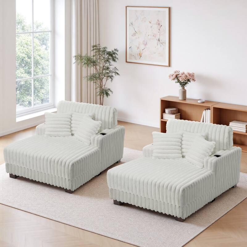 2-Piece Flannel Chaise Lounge Sofa Bed Set with Cup Holder