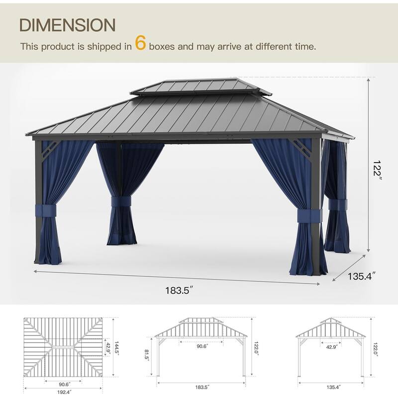 Outdoor Hardtop Gazebo Galvanized Steel Roof & Aluminum Frame, Patio Canopy Pergola w/ Mosquito Net & Curtain
