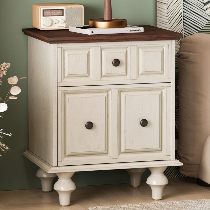 Vintage 2-Drawer Nightstand with Solid Wood Legs for Bedroom Storage Organization