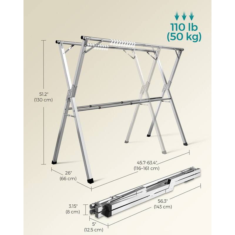 Dove Grey Stainless Steel Extendable and Foldable Clothes Drying Rack Ideal for Both Indoor and Outdoor Use