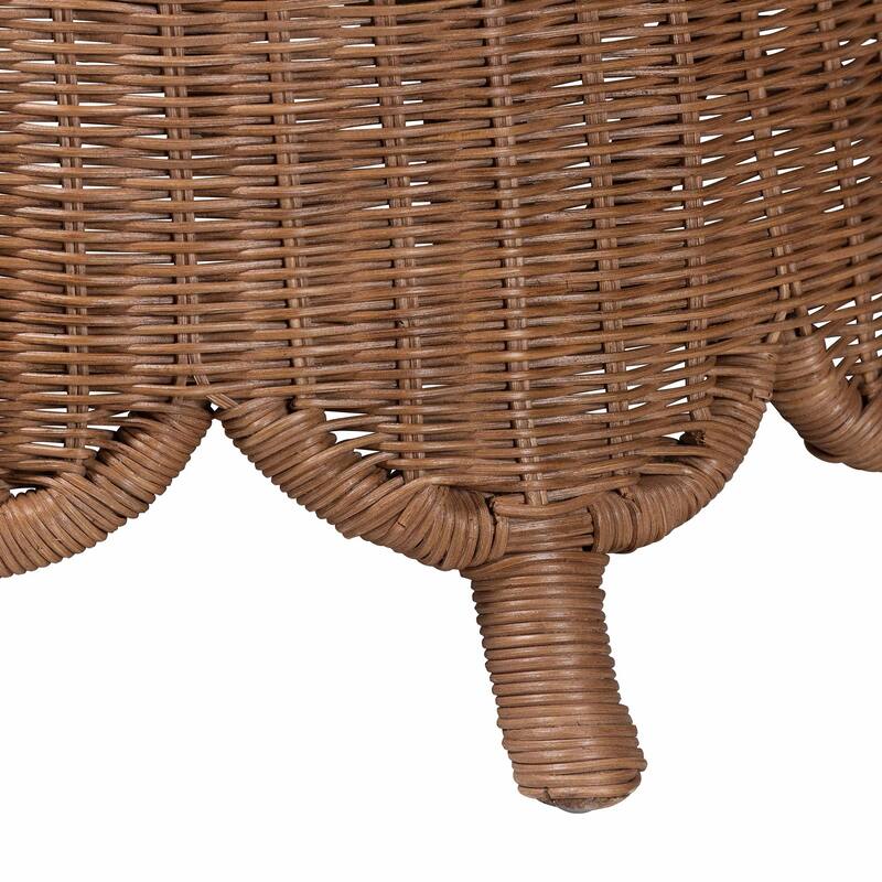 Detta Natural Rattan Footstool with Cushion - Handwoven Wicker Ottoman with Scalloped Skirt Base for Coastal Seating