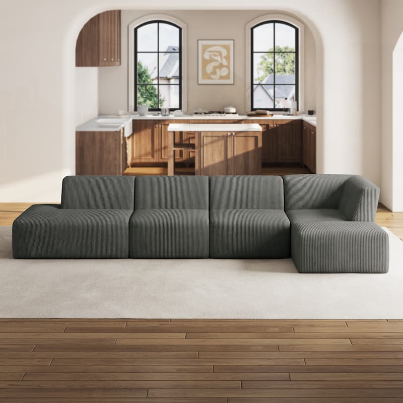 Corduroy Fully Sponge Molded Modular Sectional Sofa with Ottoman - Grey-5 Piece - Left Facing