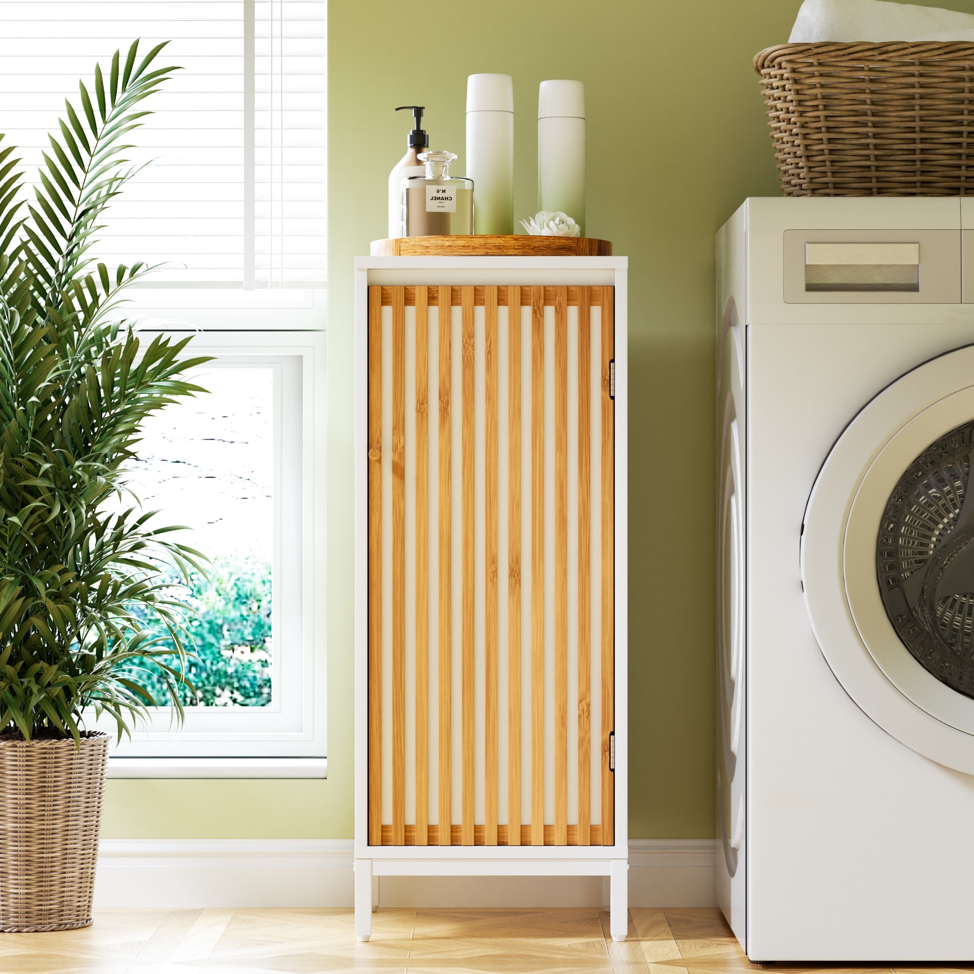 Living Room Side Cabinet with Bamboo Slats Door - Natural/White