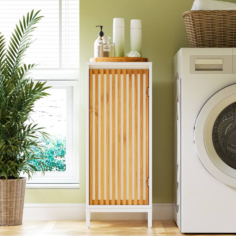 Living Room Side Cabinet with Bamboo Slats Door - Natural/White - White+Natural