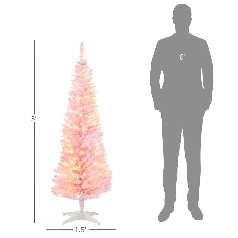 5' Tall Pre-Lit Slim Noble Fir Artificial Christmas Tree with 110 Warm White LED Lights and 294 Tips - Pink