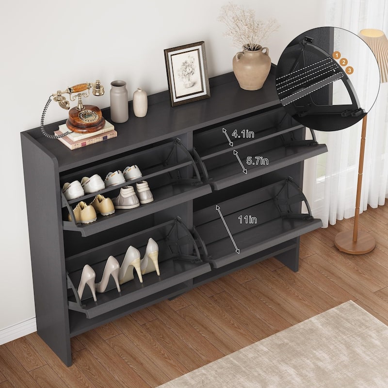 Drawer Wooden Shoe Cabinet with Adjustable Shelves - Black - 4 Drawer