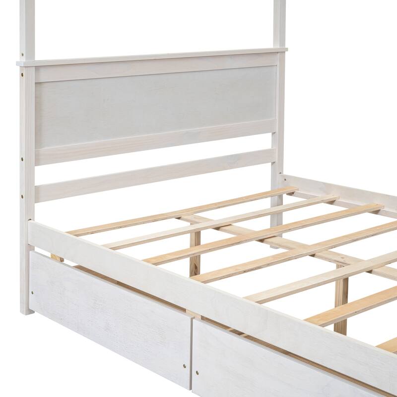 Full Size Wood Canopy Platform Bed with 2 Drawers, No Box Spring Needed, Brushed White Finish