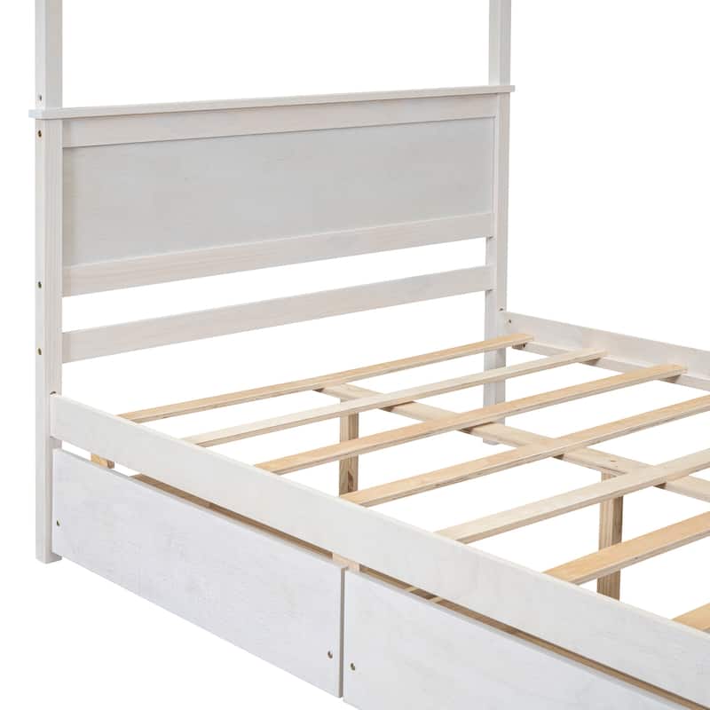 Pine Wood Canopy Platform Bed with 2 Drawers