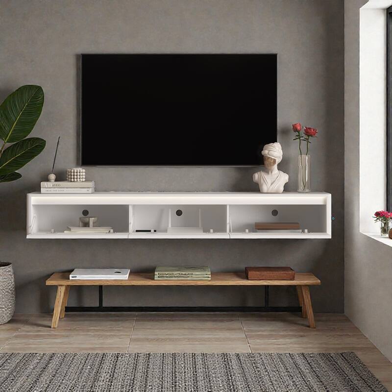68.9" Floating TV Stand with LED Lights and Power Outlet, Wall Mounted High Gloss Media Console Shelf for Living Room