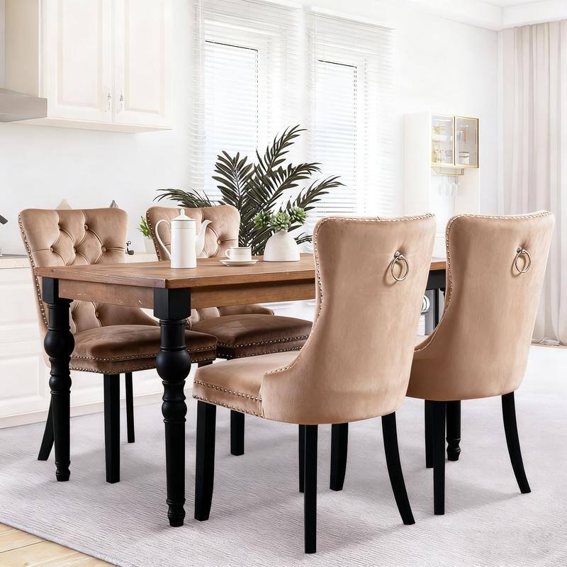 High-end Tufted Velvet Upholstered Nailhead Dining Chair Set of 4 - Khaki