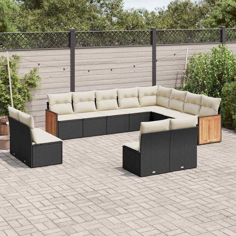 vidaXL Patio Sofa Set with Cushions Outdoor Conversation Furniture Poly Rattan - Black and cream without table - 24.4 x 24.4 x 27.2 in