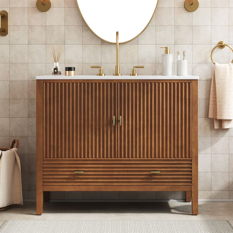 Christopher Knight Home - Mid-Century Freestanding Bathroom Vanity with Ceramic Sink, Flip-Up & Dual Drawers - 36"W - Walnut Finish