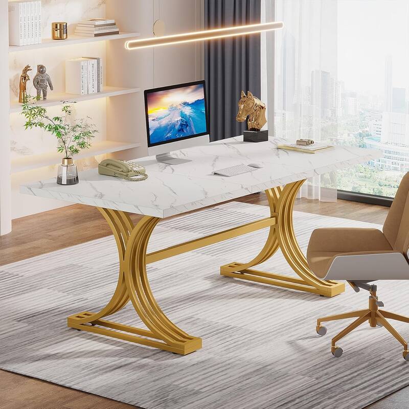 63" Large Rectangular Executive Desk, Wood Faux Marble Table, Business Computer Desk for Home Office