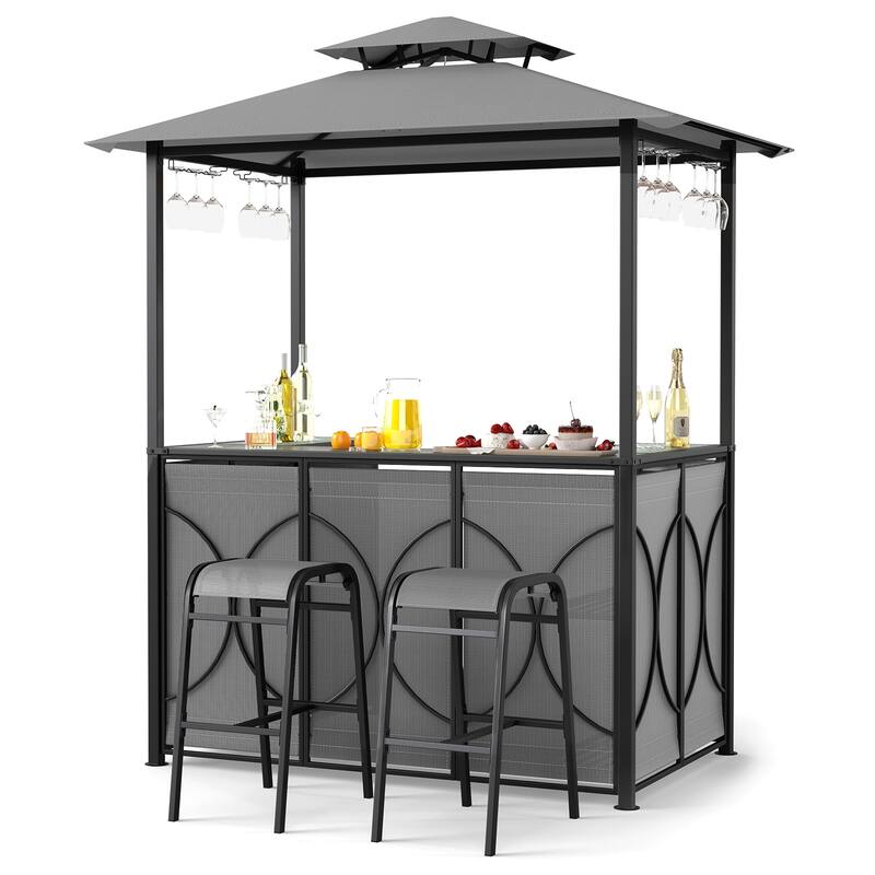 6.5 x 4 x 8 FT Grill Gazebo Set with 2 Bar Stools and Bar Table-Brown