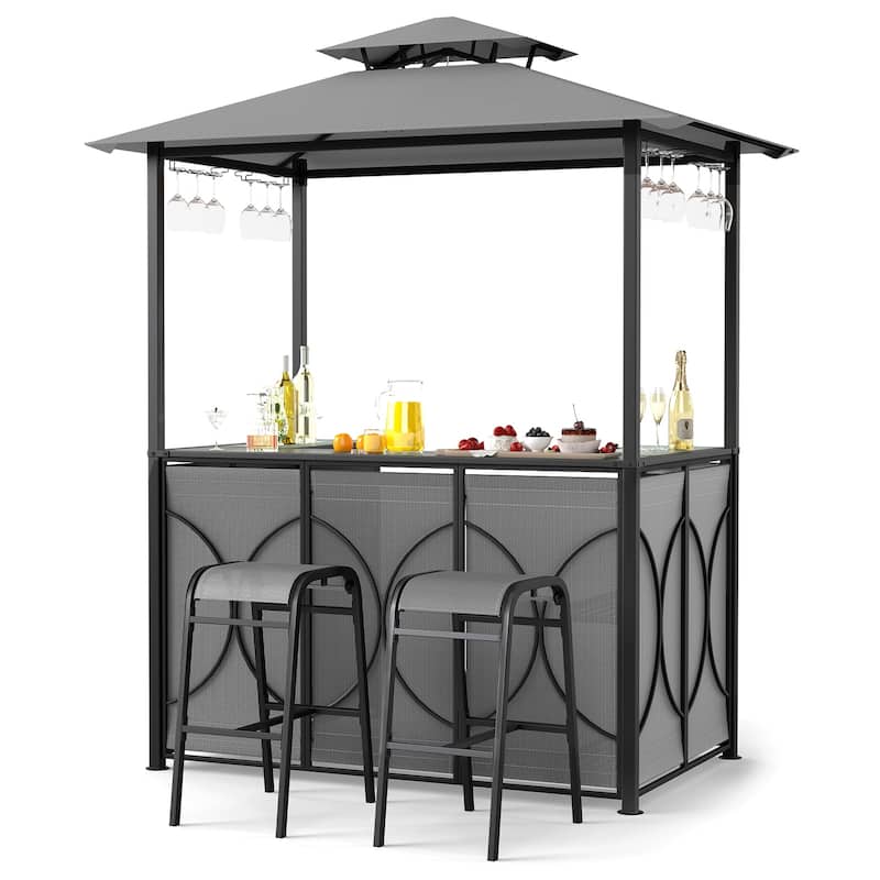 Costway 6.5 x 4 x 8 FT Grill Gazebo Set with 2 Bar Stools, Tempered - See Details - Grey