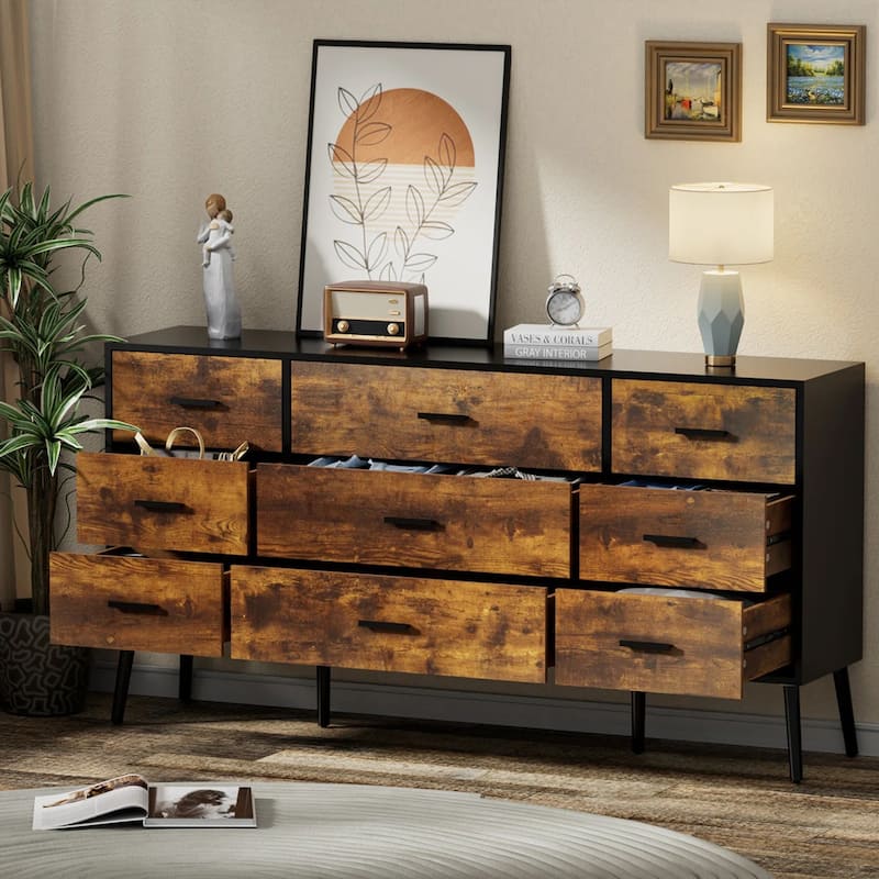 61" Wide 9-Drawer Dresser Rustic Brown Bedroom Chest of Drawers