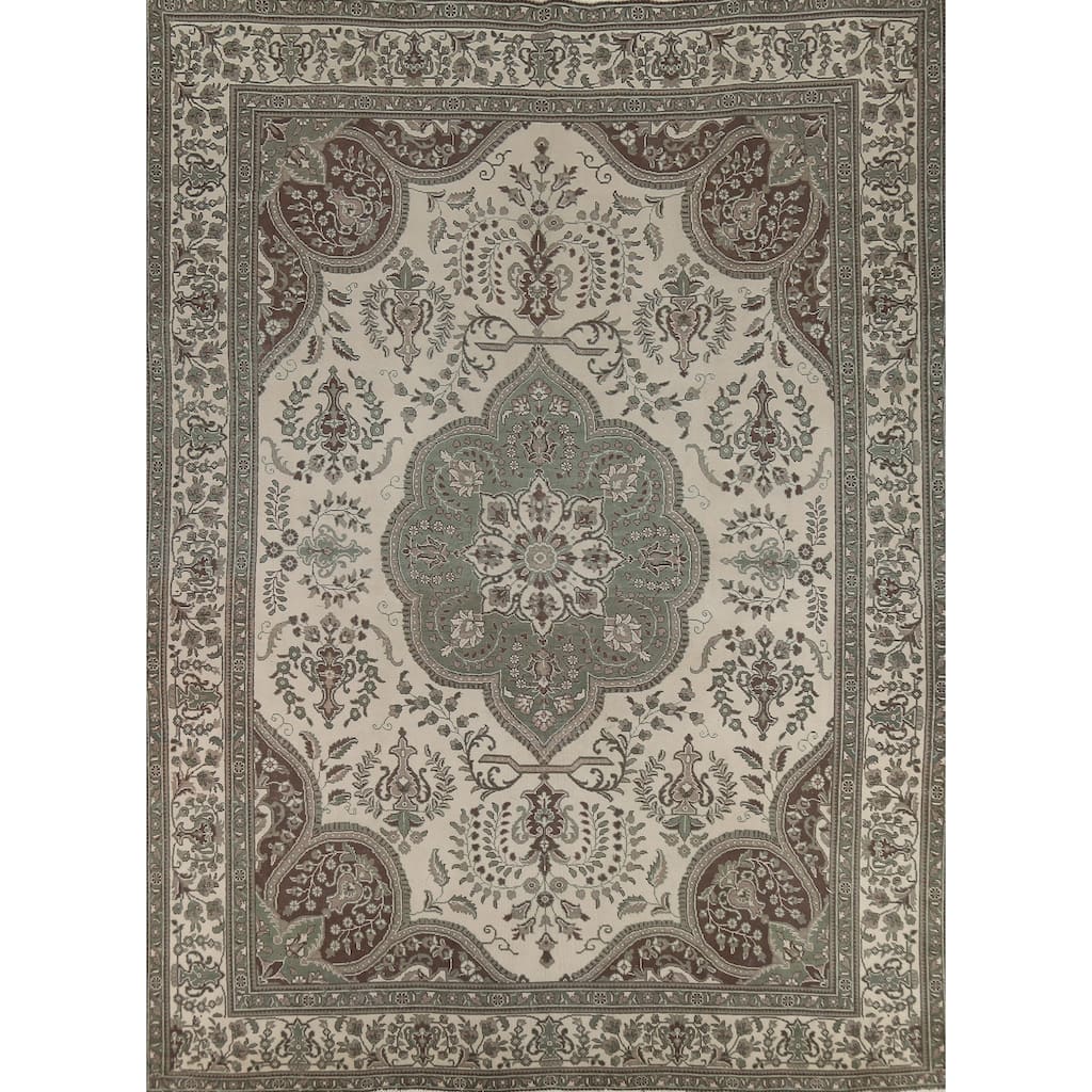 Ivory Tabriz Persian Vintage Area Rug Hand-Knotted Wool Carpet - 9'8"x 12'7"