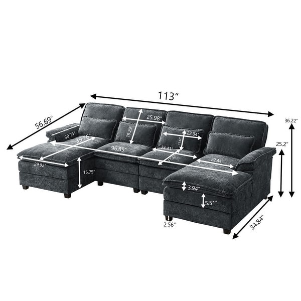 dimension image slide 2 of 5, 113" Chenillle U Shaped Sectional Sofa with Toss Pillows