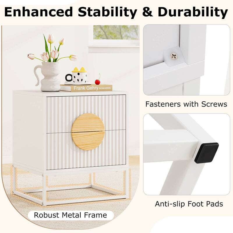 Costway 1/2 PCS Fluted Nightstand with 2 Drawers with Pine Wood