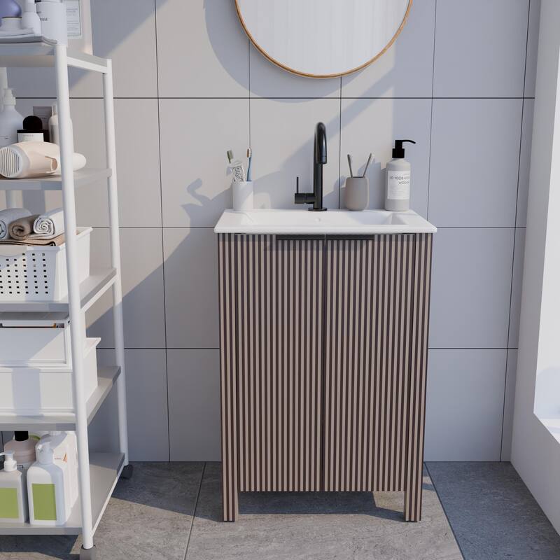 30" Floor Standing Bathroom Vanity Combo with 2 Doors & White Resin Sink Top - Brown