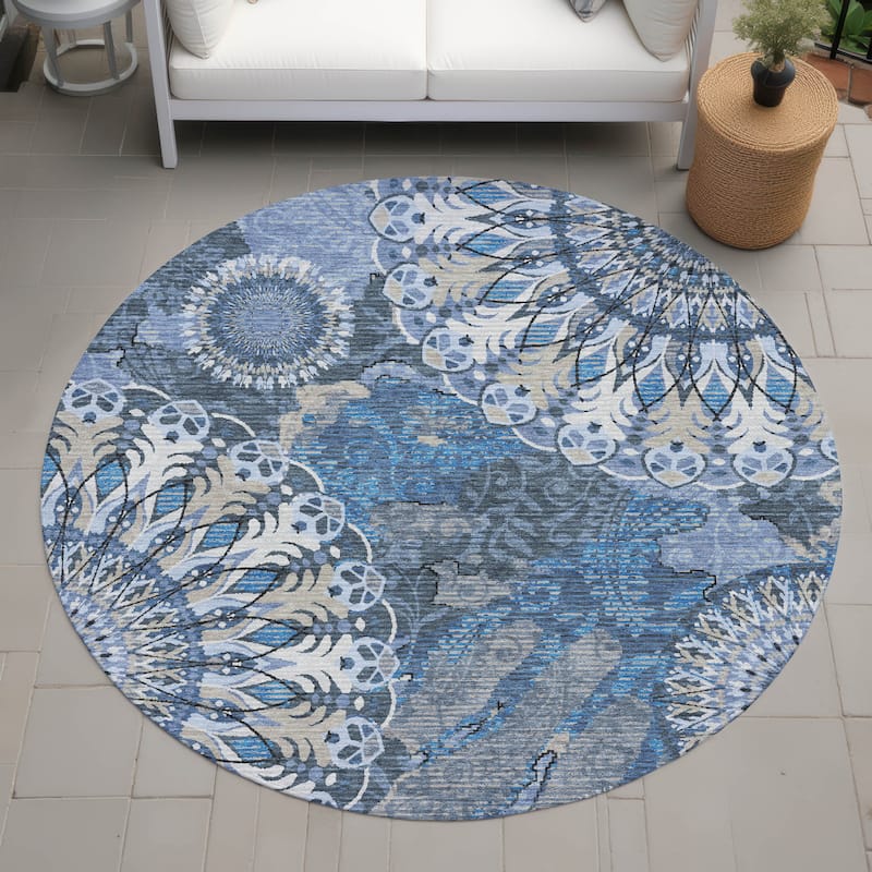Machine Washable Indoor/ Outdoor Traditional Pinwheel Chantille Rug - Blue - 8' x 8'