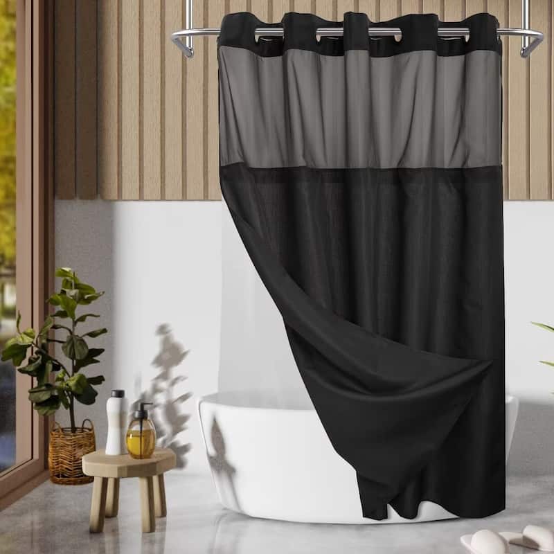 No Hook Slub Linen Texture Shower Curtain with PEVA Snap-in Liner