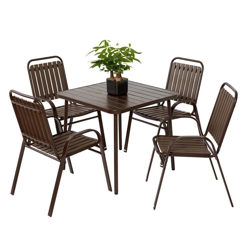 5-Piece Outdoor Casual Dining Table Set with 4 Plastic Chairs Patio Square Coffee Table Poolside Picnic Beer Table - Brown