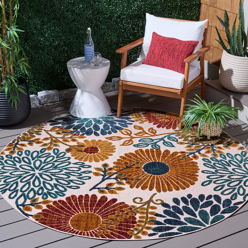 SAFAVIEH Cabana Hillechien Indoor/ Outdoor Waterproof Patio Floral Rug - 3' Round - Creme/Red