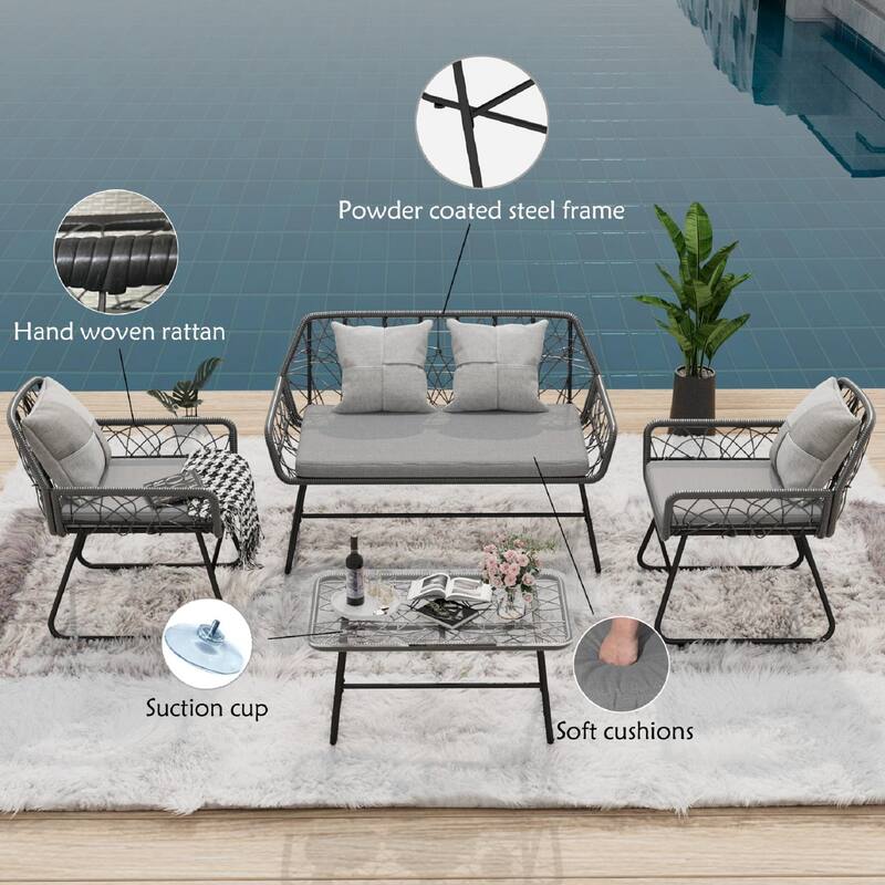 4-Piece Outdoor Rattan Sofa Set with Glass Table & Waterproof Cushions
